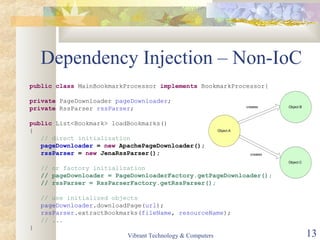 Dependency Injection – Non-IoC
public class MainBookmarkProcessor implements BookmarkProcessor{
private PageDownloader pageDownloader;
private RssParser rssParser;
public List<Bookmark> loadBookmarks()
{
// direct initialization
pageDownloader = new ApachePageDownloader();
rssParser = new JenaRssParser();
// or factory initialization
// pageDownloader = PageDownloaderFactory.getPageDownloader();
// rssParser = RssParserFactory.getRssParser();
// use initialized objects
pageDownloader.downloadPage(url);
rssParser.extractBookmarks(fileName, resourceName);
// ...
}
Vibrant Technology & Computers 13
 