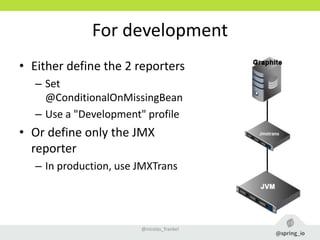 For development
• Either define the 2 reporters
– Set
@ConditionalOnMissingBean
– Use a "Development" profile
• Or define only the JMX
reporter
– In production, use JMXTrans
@nicolas_frankel
 