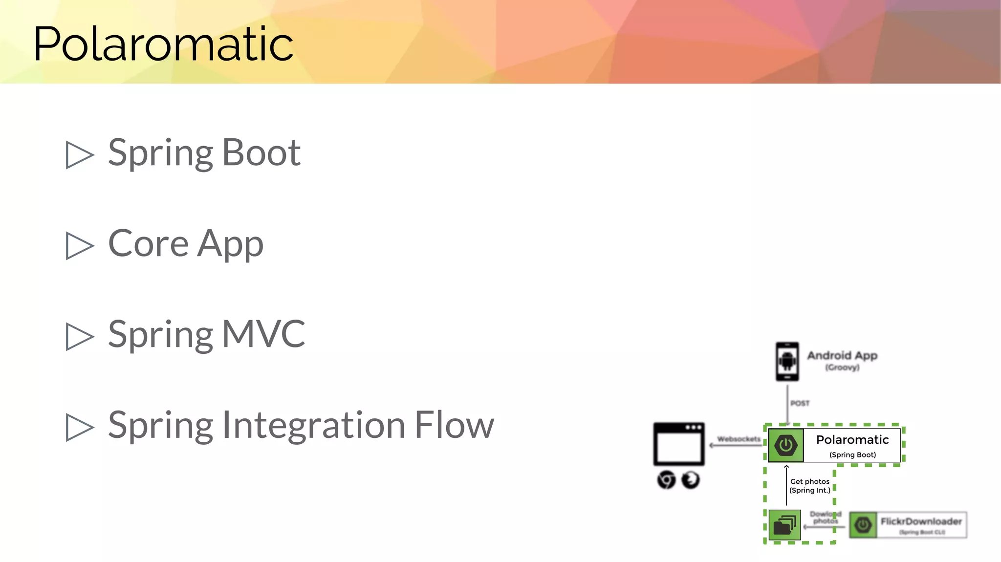Polaromatic
▷ Spring Boot
▷ Core App
▷ Spring MVC
▷ Spring Integration Flow
 
