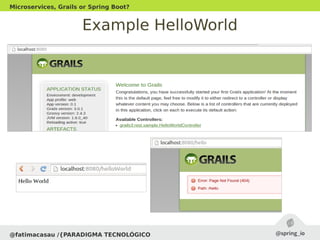 Example HelloWorld
@fatimacasau /{PARADIGMA TECNOLÓGICO
Microservices, Grails or Spring Boot?
 