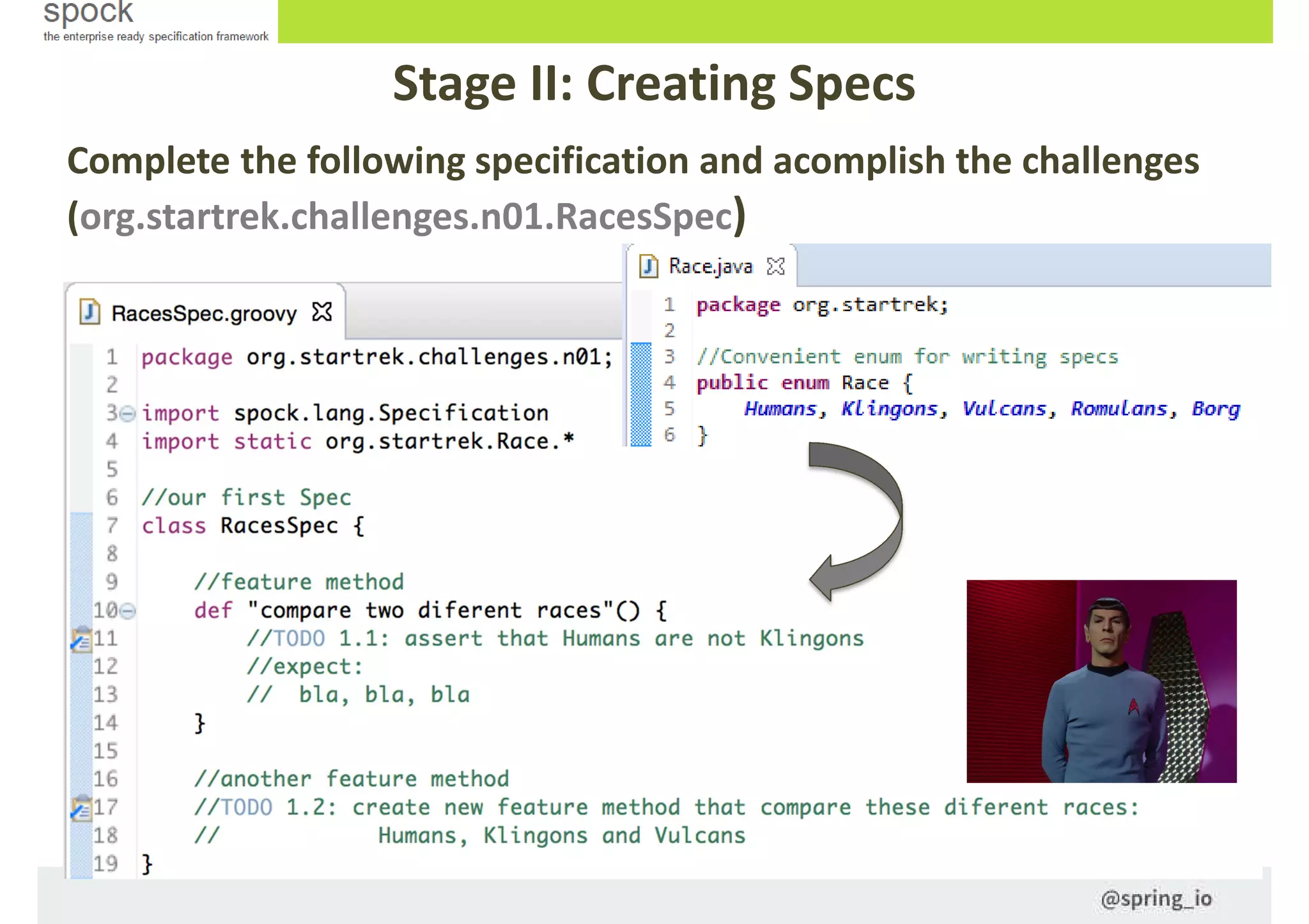 Stage II: Creating Specs
Complete the following specification and acomplish the challenges
(org.startrek.challenges.n01.RacesSpec)
 