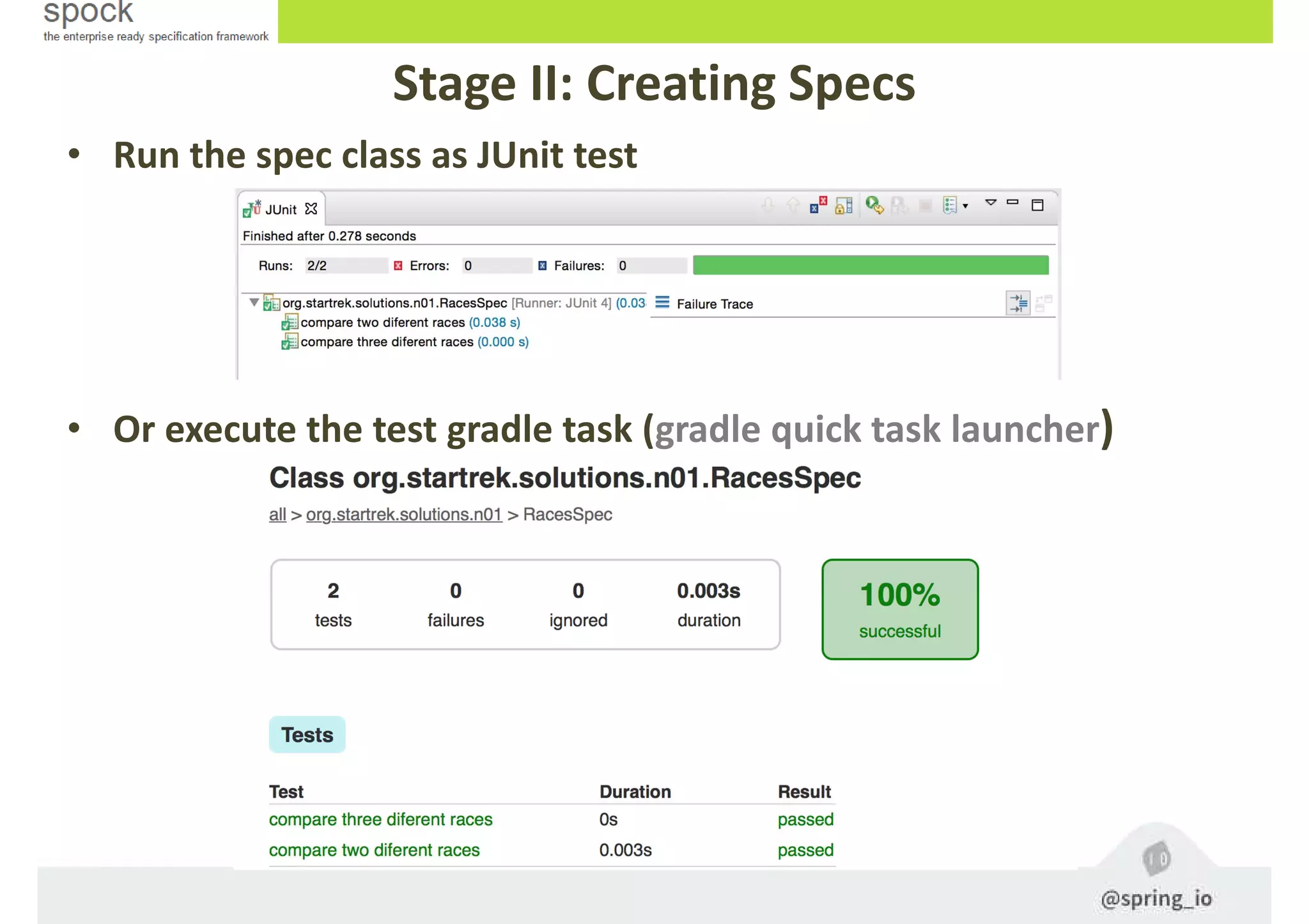 Stage II: Creating Specs
• Run the spec class as JUnit test
• Or execute the test gradle task (gradle quick task launcher)
 