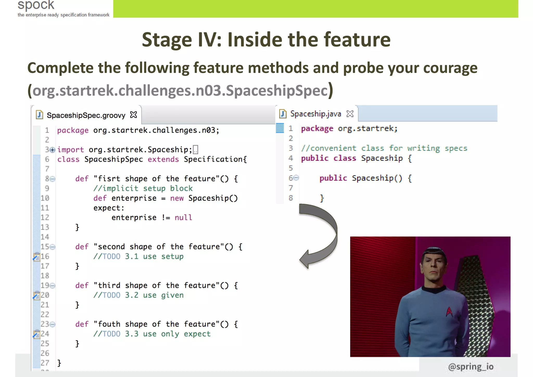 Stage IV: Inside the feature
Complete the following feature methods and probe your courage
(org.startrek.challenges.n03.SpaceshipSpec)
 