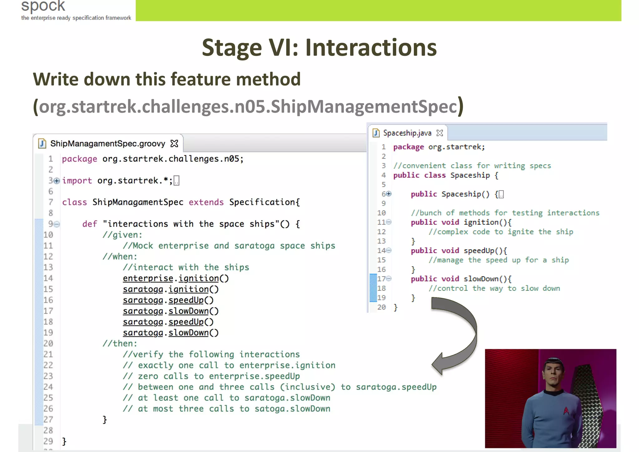 Stage VI: Interactions
Write down this feature method
(org.startrek.challenges.n05.ShipManagementSpec)
 