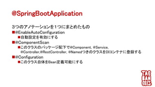 @SpringBootApplication
３つのアノテーションを１つにまとめたもの
@EnableAutoConfiguration
自動設定を有効にする
@ComponentScan
このクラスのパッケージ配下で@Component, @Service,
@Controller,@RestController, @NamedつきのクラスをDIコンテナに登録する
@Configuration
このクラス自体をBean定義可能にする
 