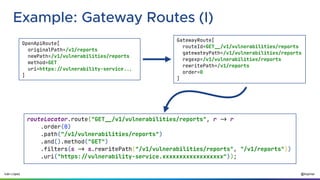 @ilopmar
Iván López
Example: Gateway Routes (I)
OpenApiRoute[
originalPath=/v1/reports
newPath=/v1/vulnerabilities/reports
method=GET
uri=https://vulnerability-service...
]
GatewayRoute[
routeId=GET__/v1/vulnerabilities/reports
gatewateyPath=/v1/vulnerabilities/reports
regexp=/v1/vulnerabilities/reports
rewritePath=/v1/reports
order=0
]
routeLocator.route("GET__/v1/vulnerabilities/reports", r -> r
.order(0)
.path("/v1/vulnerabilities/reports")
.and().method("GET")
.filters(s -> s.rewritePath("/v1/vulnerabilities/reports", "/v1/reports"))
.uri("https://vulnerability-service.xxxxxxxxxxxxxxxxxx"));
 