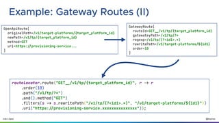 @ilopmar
Iván López
Example: Gateway Routes (II)
OpenApiRoute[
originalPath=/v1/target-platforms/{target_platform_id}
newPath=/v1/tp/{target_platform_id}
method=GET
uri=https://provisioning-service...
]
GatewayRoute[
routeId=GET__/v1/tp/{target_platform_id}
gatewateyPath=/v1/tp/?*
regexp=/v1/tp/(?<id1>.*)
rewritePath=/v1/target-platforms/${id1}
order=10
]
routeLocator.route("GET__/v1/tp/{target_platform_id}", r -> r
.order(10)
.path("/v1/tp/?*")
.and().method("GET")
.filters(s -> s.rewritePath("/v1/tp/(?<id1>.*)", "/v1/target-platforms/${id1}"))
.uri("https://provisioning-service.xxxxxxxxxxxxxxx"));
 