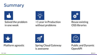 @ilopmar
Iván López
Summary
Solved the problem
in one week
+1 year in Production
without problems
Reuse existing
OSS libraries
Platform agnostic Spring Cloud Gateway
is awesome
Public and Dynamic
OpenAPI
 