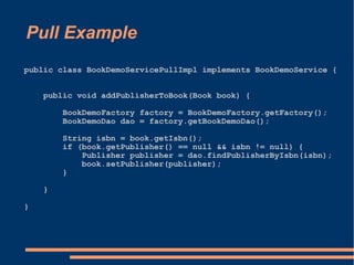 Pull Example
public class BookDemoServicePullImpl implements BookDemoService {


    public void addPublisherToBook(Book book) {

        BookDemoFactory factory = BookDemoFactory.getFactory();
        BookDemoDao dao = factory.getBookDemoDao();

        String isbn = book.getIsbn();
        if (book.getPublisher() == null && isbn != null) {
            Publisher publisher = dao.findPublisherByIsbn(isbn);
            book.setPublisher(publisher);
        }

    }

}
 