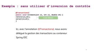Exemple : sans utiliser d’inversion de contrôle
Code Métier
@Transactional
public void virement(int c1, int c2, double mt) {
retirer(c1,mt);
verser(c2,mt);
}
Ici, avec l’annotation @Transactional, nous avons
délégué la gestion des transactions au conteneur
Spring IOC
10
 