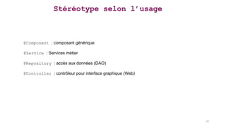 @Component : composant générique
@Service : Services métier
@Repository : accès aux données (DAO)
@Controller : contrôleur pour interface graphique (Web)
Stéréotype selon l’usage
24
 