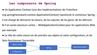Les composants de Spring
● Un Application Context (une des implémentations de l’interface
org.springframework.context.ApplicationContext) représente le conteneur Spring :
il est chargé de démarrer les beans, de les injecter, de les gérer, de les détruire
● Il en existe plusieurs sortes : WebApplicationContext pour les applications Web
par exemple
● Le rôle de cette classe est de prendre vos objets et votre configuration, et de
faire fonctionner l’ensemble
28
Objets métier
Configuration
Spring Application prête !
 