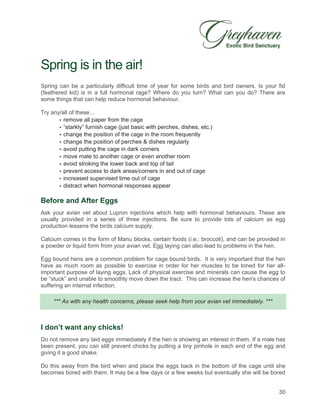 30
Spring is in the air!
Spring can be a particularly difficult time of year for some birds and bird owners. Is your fid
(feathered kid) is in a full hormonal rage? Where do you turn? What can you do? There are
some things that can help reduce hormonal behaviour.
Try any/all of these…
remove all paper from the cage
“starkly” furnish cage (just basic with perches, dishes, etc.)
change the position of the cage in the room frequently
change the position of perches & dishes regularly
avoid putting the cage in dark corners
move mate to another cage or even another room
avoid stroking the lower back and top of tail
prevent access to dark areas/corners in and out of cage
increased supervised time out of cage
distract when hormonal responses appear
Before and After Eggs
Ask your avian vet about Lupron injections which help with hormonal behaviours. These are
usually provided in a series of three injections. Be sure to provide lots of calcium as egg
production lessens the birds calcium supply.
Calcium comes in the form of Manu blocks, certain foods (i.e.: broccoli), and can be provided in
a powder or liquid form from your avian vet. Egg laying can also lead to problems in the hen.
Egg bound hens are a common problem for cage bound birds. It is very important that the hen
have as much room as possible to exercise in order for her muscles to be toned for her all-
important purpose of laying eggs. Lack of physical exercise and minerals can cause the egg to
be “stuck” and unable to smoothly move down the tract. This can increase the hen's chances of
suffering an internal infection.
*** As with any health concerns, please seek help from your avian vet immediately. ***
I don’t want any chicks!
Do not remove any laid eggs immediately if the hen is showing an interest in them. If a male has
been present, you can still prevent chicks by putting a tiny pinhole in each end of the egg and
giving it a good shake.
Do this away from the bird when and place the eggs back in the bottom of the cage until she
becomes bored with them. It may be a few days or a few weeks but eventually she will be bored
 