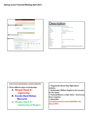 Spring Junior Financial Meeting April 2013
Description
THE HAND MEMORIAL SCHOLARSHIPS
• Three different types of scholarships
A. Morgan Hand, II -
engineering
B. Cecelia Hand Nelson
Memorial
C. Morgan Hand, II -
engineering at Rutgers
• Targeted for Ocean City High School
students.
• Ambassador William Hughes is the executor
for the estate.
• Financial Need is a major factor - Income tax
forms required.
• Renewable
16 students received a total of $33,500 in the
Class of 2012
 