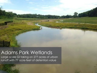 Adams Park Wetlands
Large scale GI taking on 277 acres of urban
runoff with 77 acre-feet of detention volue
 
