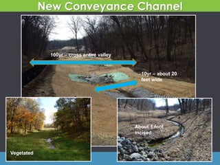 New Conveyance Channel
HydroCAD
100yr – cross entire valley
10yr – about 20
feet wide
Vegetated
About 1 foot
incised
 
