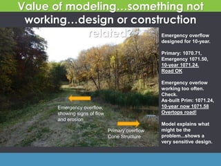 Value of modeling…something not
working…design or construction
related?
Emergency overflow,
showing signs of flow
and erosion
Primary overflow
Cone Structure
Emergency overflow
designed for 10-year.
Primary: 1070.71,
Emergency 1071.50,
10-year 1071.24.
Road OK
Emergency overlow
working too often.
Check.
As-built Prim: 1071.24,
10-year now 1071.58
Overtops road!
Model explains what
might be the
problem...shows a
very sensitive design.
 