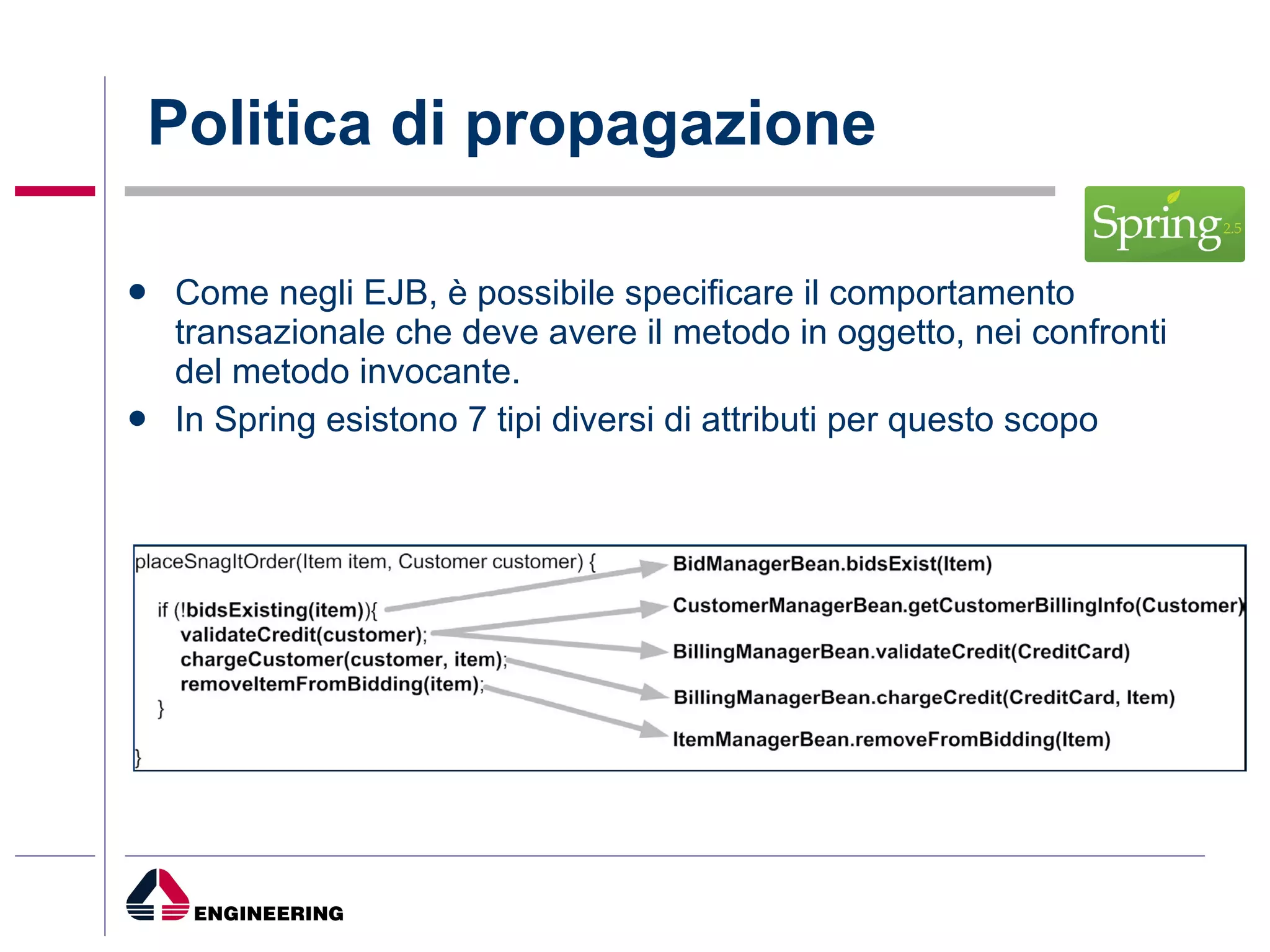 Politica di propagazione Come negli EJB, è possibile specificare il comportamento transazionale che deve avere il metodo in oggetto, nei confronti del metodo invocante. In Spring esistono 7 tipi diversi di attributi per questo scopo 