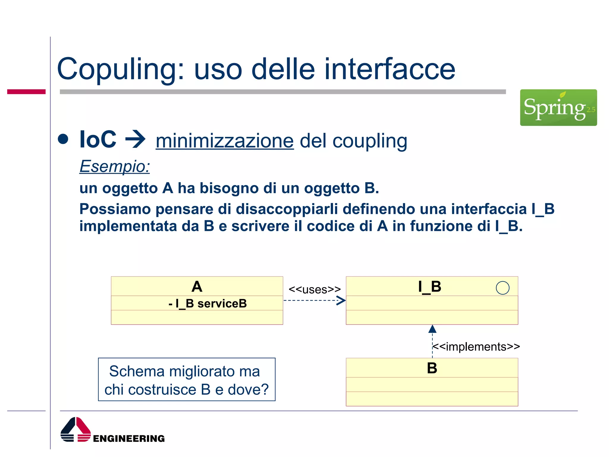 Copuling: uso delle interfacce IoC     minimizzazione  del coupling Esempio:   un oggetto A ha bisogno di un oggetto B.  Possiamo pensare di disaccoppiarli definendo una interfaccia I_B implementata da B e scrivere il codice di A in funzione di I_B.  <<implements>> <<uses>> - I_B serviceB Schema migliorato ma  chi costruisce B e dove? I_B B A 