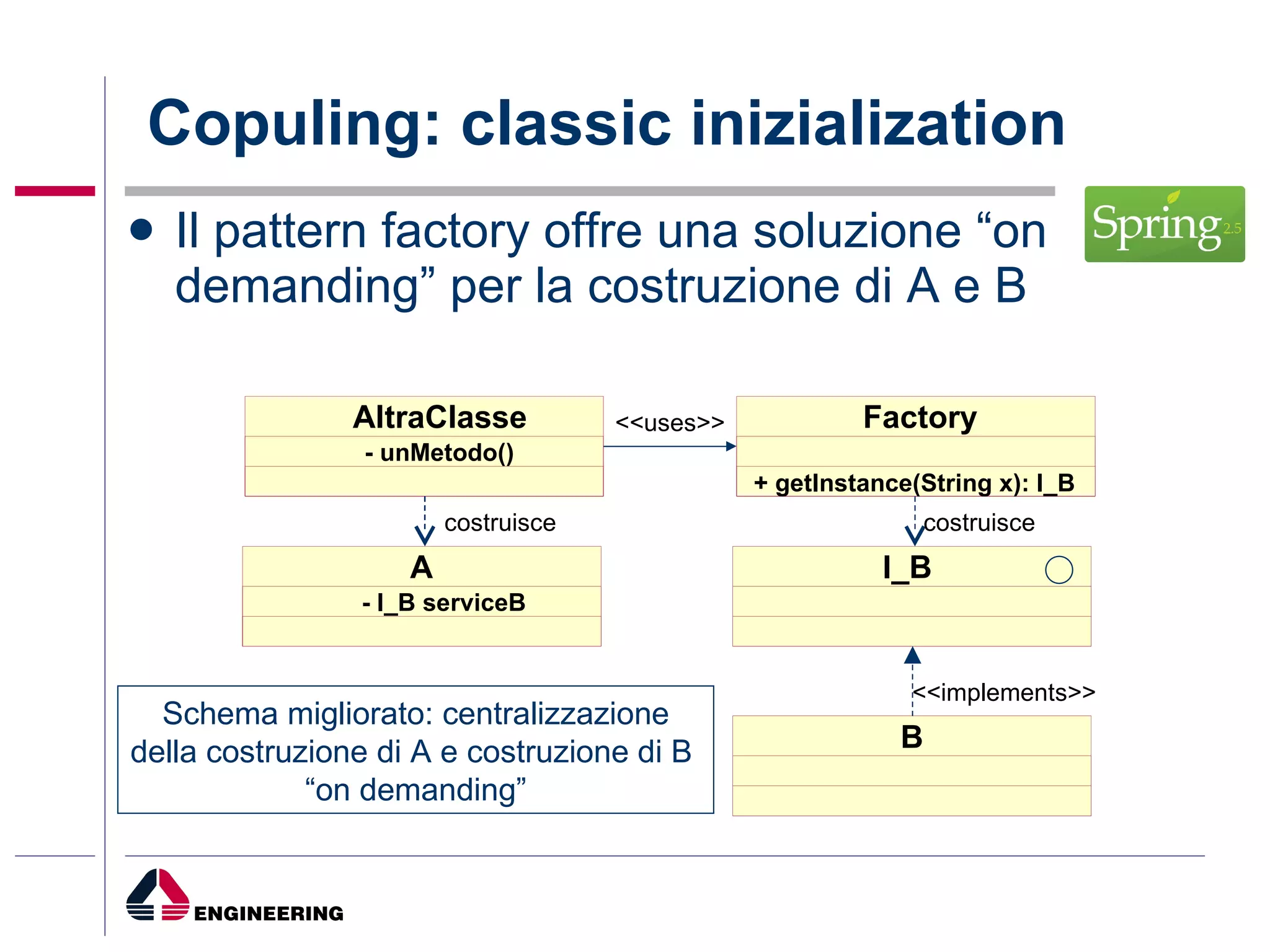 Copuling: classic inizialization Il pattern factory offre una soluzione “on demanding” per la costruzione di A e B I_B <<implements>> B A - I_B serviceB Schema migliorato: centralizzazione della costruzione di A e costruzione di B  “ on demanding” Factory + getInstance(String x): I_B costruisce AltraClasse - unMetodo() costruisce <<uses>> 