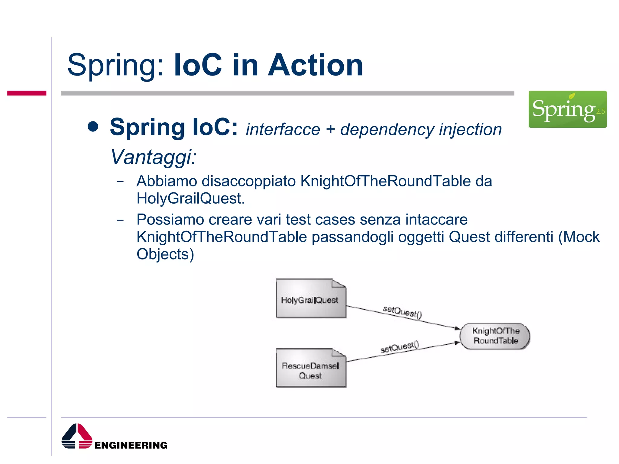 Spring:  IoC in Action Spring IoC:   interfacce + dependency injection Vantaggi: Abbiamo disaccoppiato KnightOfTheRoundTable da HolyGrailQuest. Possiamo creare vari test cases senza intaccare KnightOfTheRoundTable passandogli oggetti Quest differenti (Mock Objects) 