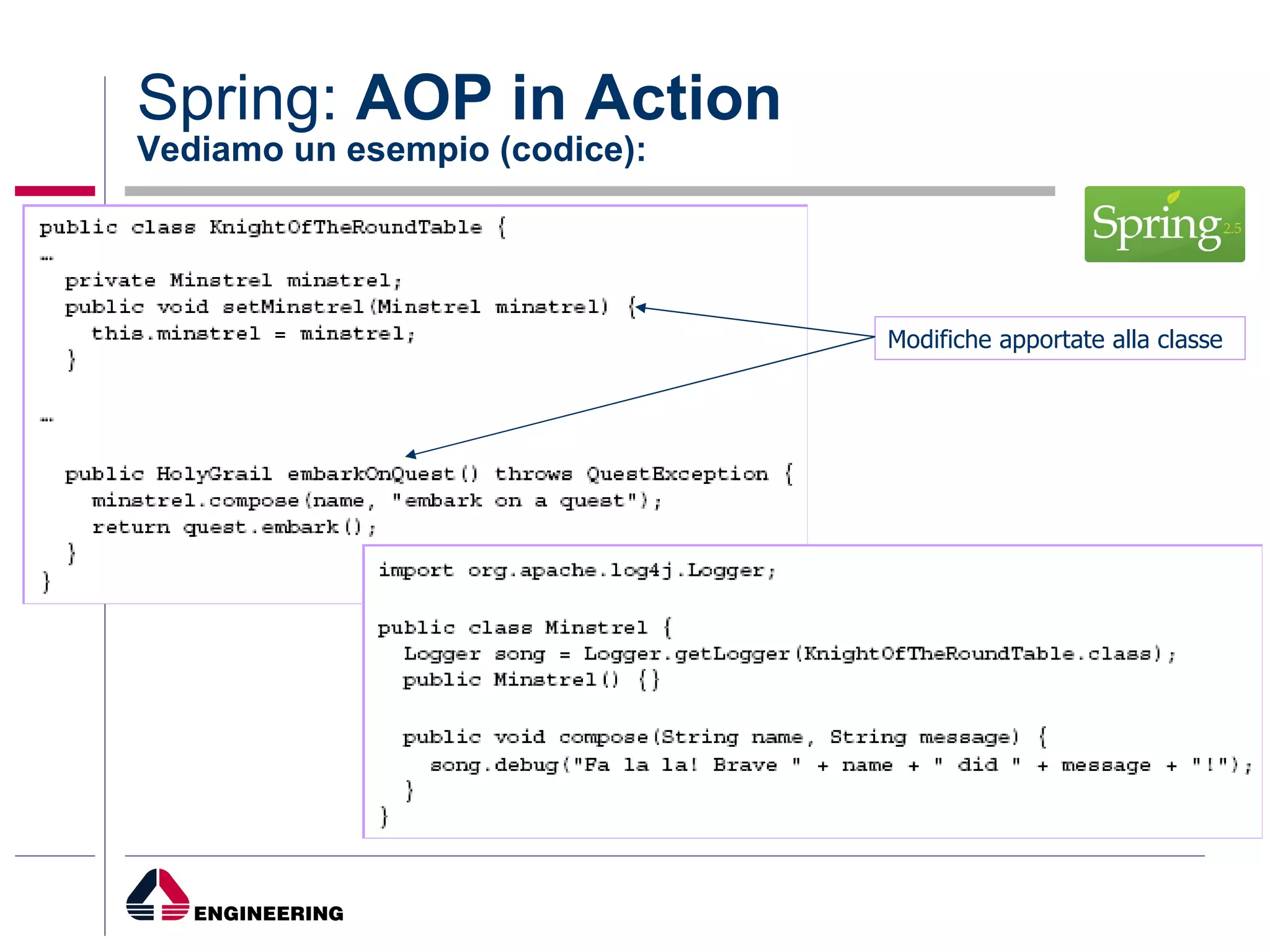 Spring:  AOP in Action Vediamo un esempio (codice): Modifiche apportate alla classe 