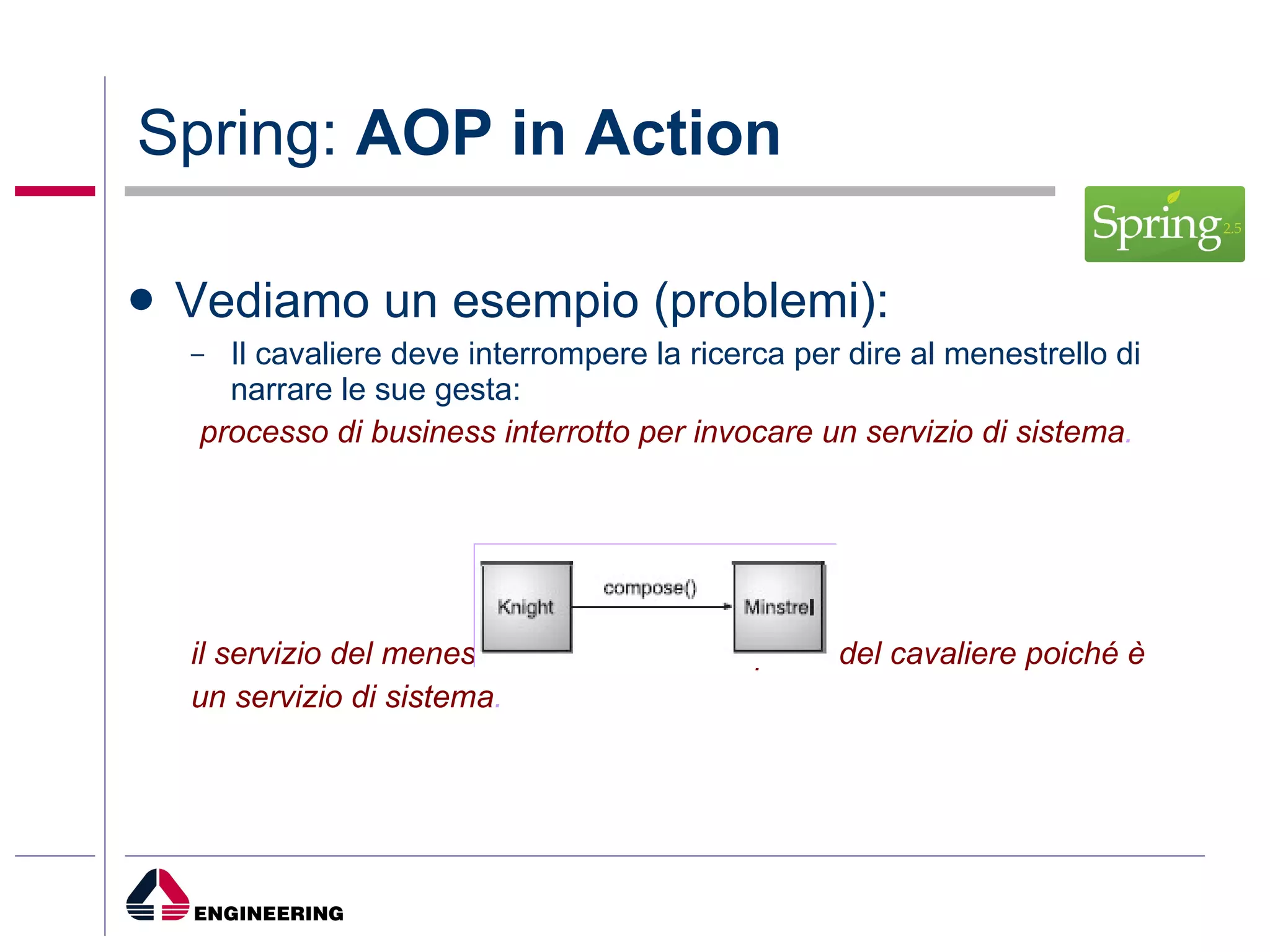 Spring:  AOP in Action Vediamo un esempio (problemi): Il cavaliere deve interrompere la ricerca per dire al menestrello di narrare le sue gesta:  processo di business interrotto per invocare un servizio di sistema .   il servizio del menestrello trascende da quello del cavaliere poiché è  un servizio di sistema . 