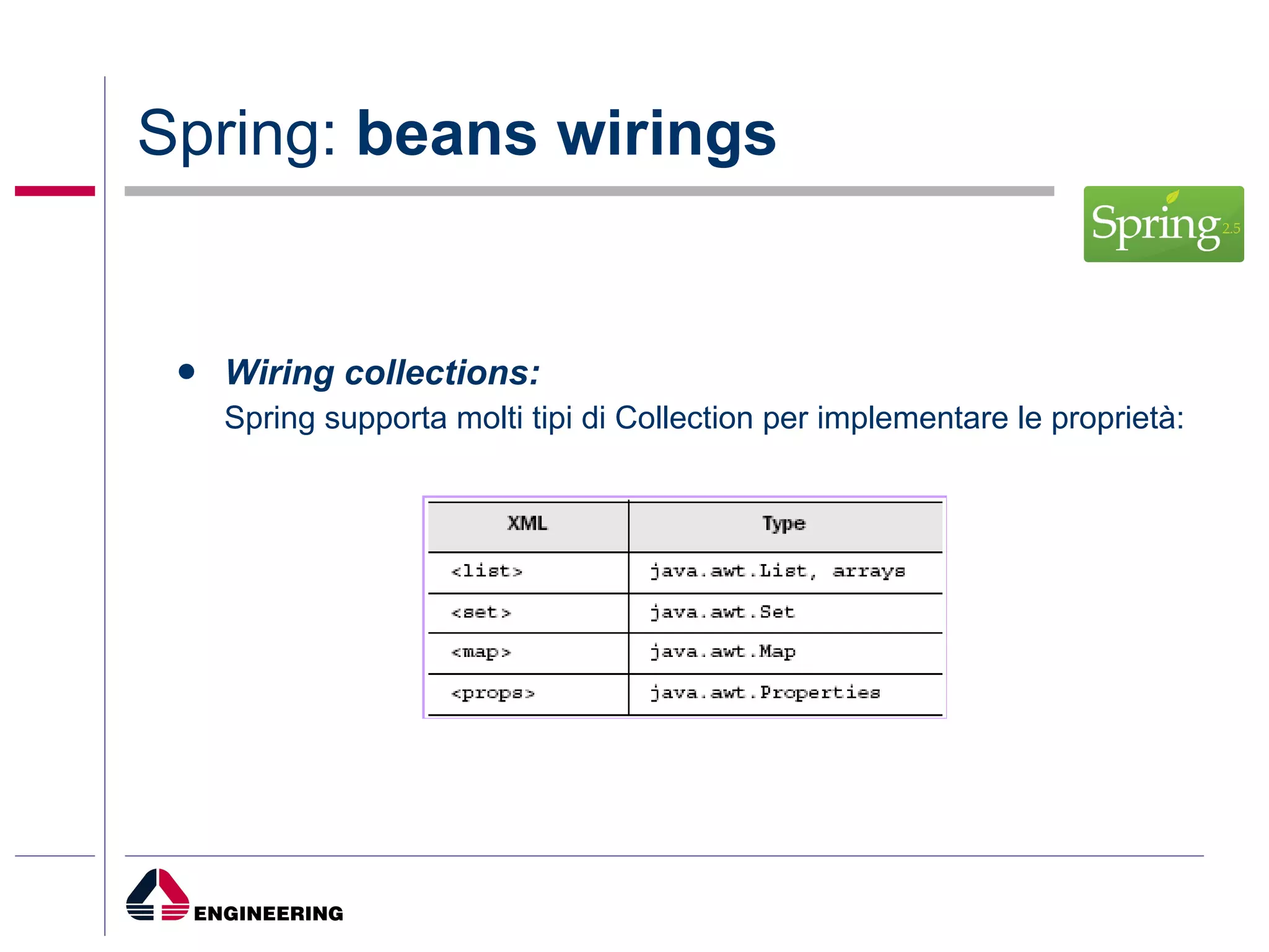 Spring:  beans wirings Wiring collections: Spring supporta molti tipi di Collection per implementare le proprietà: 
