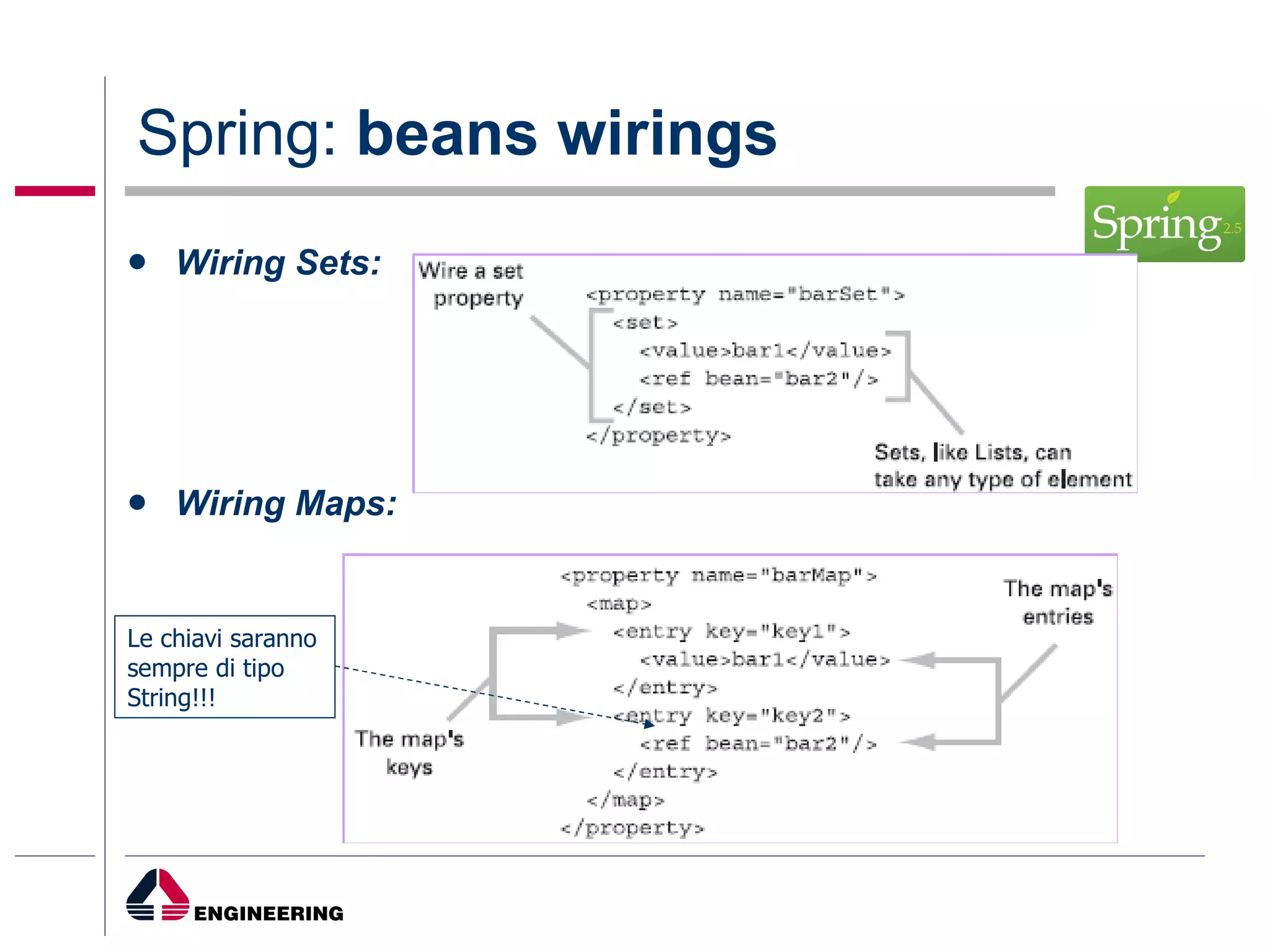 Spring:  beans wirings Wiring Sets: Wiring Maps: Le chiavi saranno sempre di tipo String!!! 