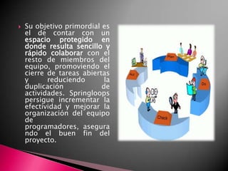 Su objetivo primordial es el de contar con un espacio protegido en donde resulta sencillo y rápido colaborar con el resto de miembros del equipo, promoviendo el cierre de tareas abiertas y reduciendo la duplicación de actividades. Springloops persigue incrementar la efectividad y mejorar la organización del equipo de programadores, asegurando el buen fin del proyecto.