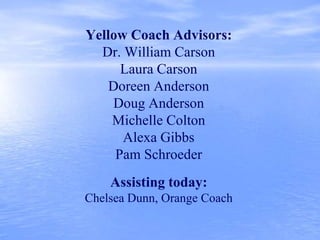 Yellow Coach Advisors:
Dr. William Carson
Laura Carson
Doreen Anderson
Doug Anderson
Michelle Colton
Alexa Gibbs
Pam Schroeder
Assisting today:
Chelsea Dunn, Orange Coach
 
