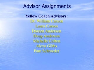 Advisor Assignments
Yellow Coach Advisors:
Dr. William Carson
Laura Carson
Doreen Anderson
Doug Anderson
Michelle Colton
Alexa Gibbs
Pam Schroeder
 