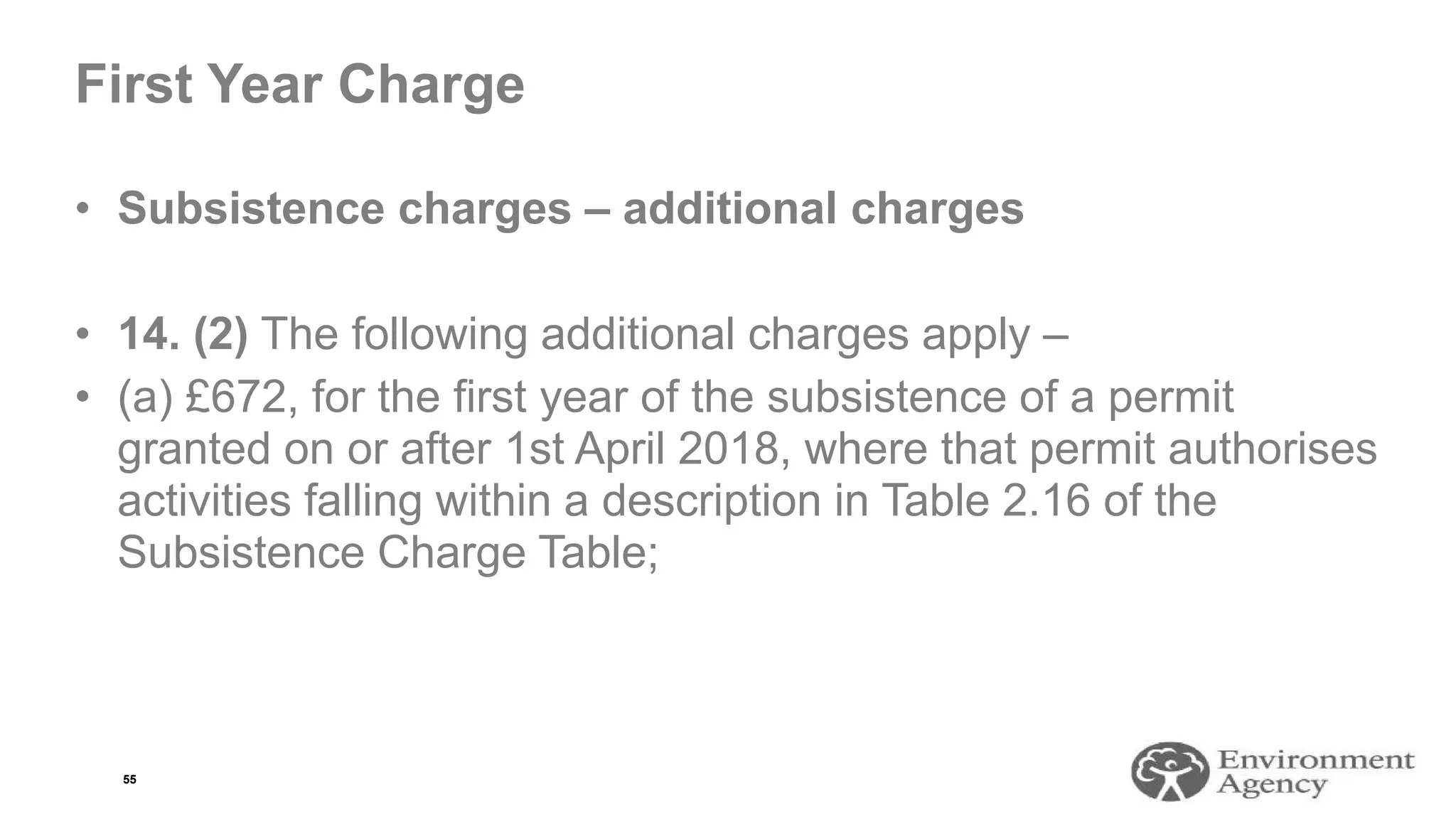 First Year Charge
• Subsistence charges – additional charges
• 14. (2) The following additional charges apply –
• (a) £672, for the first year of the subsistence of a permit
granted on or after 1st April 2018, where that permit authorises
activities falling within a description in Table 2.16 of the
Subsistence Charge Table;
55
 