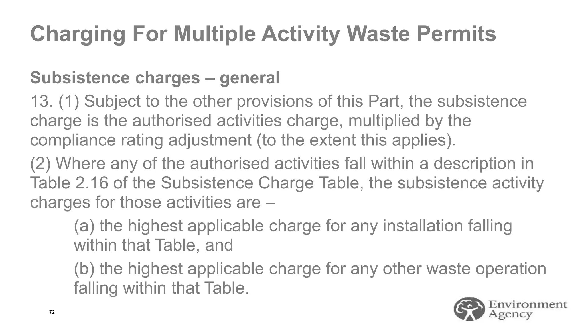 Charging For Multiple Activity Waste Permits
Subsistence charges – general
13. (1) Subject to the other provisions of this Part, the subsistence
charge is the authorised activities charge, multiplied by the
compliance rating adjustment (to the extent this applies).
(2) Where any of the authorised activities fall within a description in
Table 2.16 of the Subsistence Charge Table, the subsistence activity
charges for those activities are –
(a) the highest applicable charge for any installation falling
within that Table, and
(b) the highest applicable charge for any other waste operation
falling within that Table.
72
 