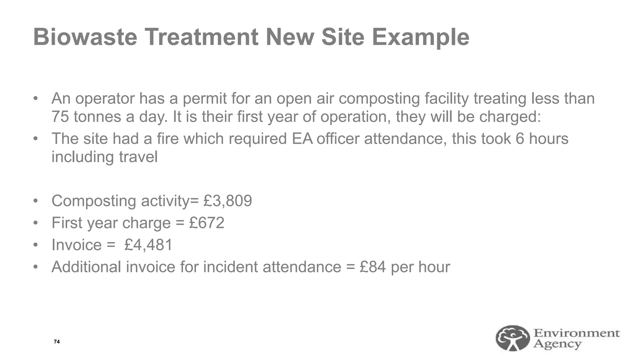 Biowaste Treatment New Site Example
• An operator has a permit for an open air composting facility treating less than
75 tonnes a day. It is their first year of operation, they will be charged:
• The site had a fire which required EA officer attendance, this took 6 hours
including travel
• Composting activity= £3,809
• First year charge = £672
• Invoice = £4,481
• Additional invoice for incident attendance = £84 per hour
74
 