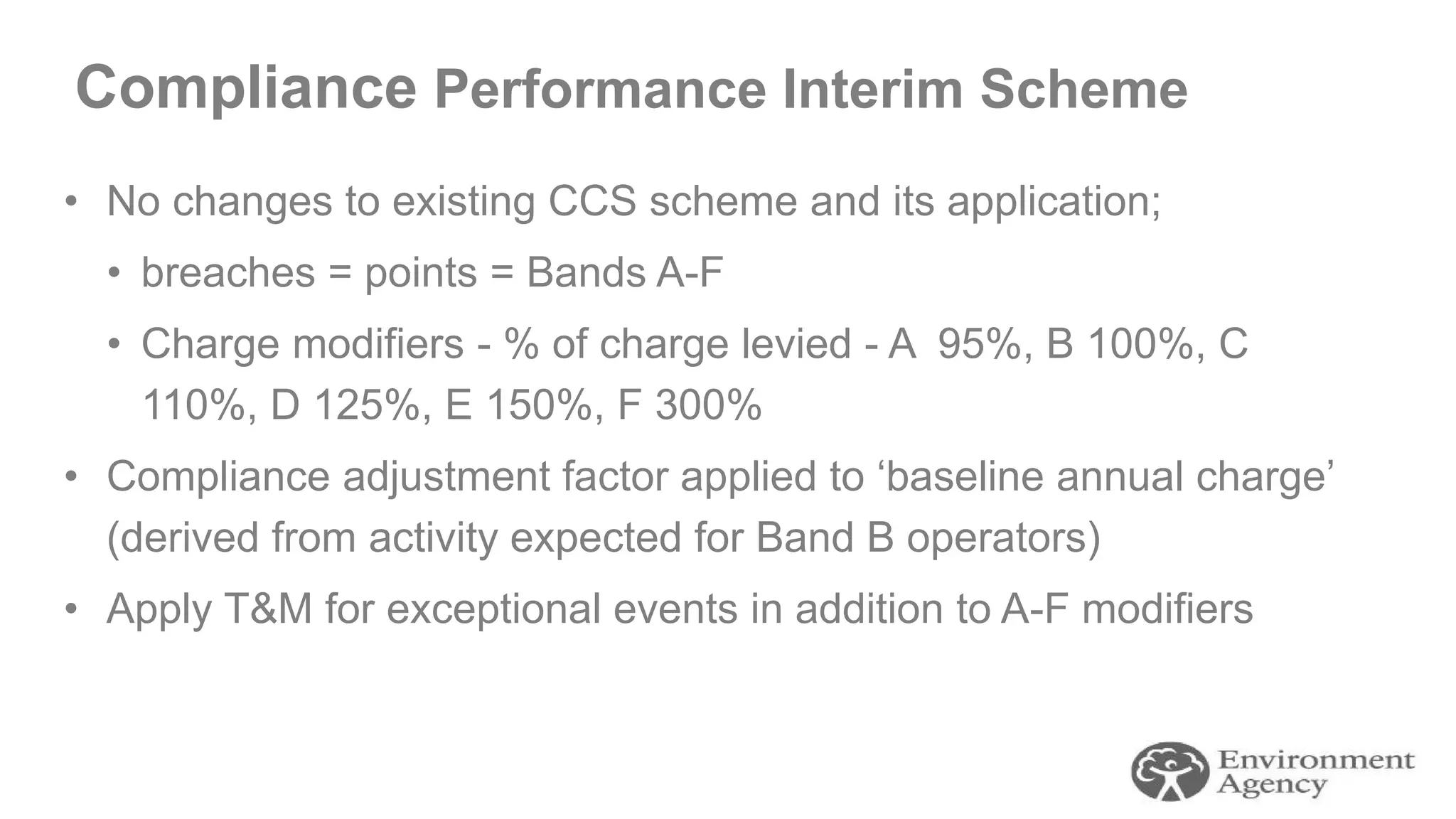 Compliance Performance Interim Scheme
• No changes to existing CCS scheme and its application;
• breaches = points = Bands A-F
• Charge modifiers - % of charge levied - A 95%, B 100%, C
110%, D 125%, E 150%, F 300%
• Compliance adjustment factor applied to ‘baseline annual charge’
(derived from activity expected for Band B operators)
• Apply T&M for exceptional events in addition to A-F modifiers
 