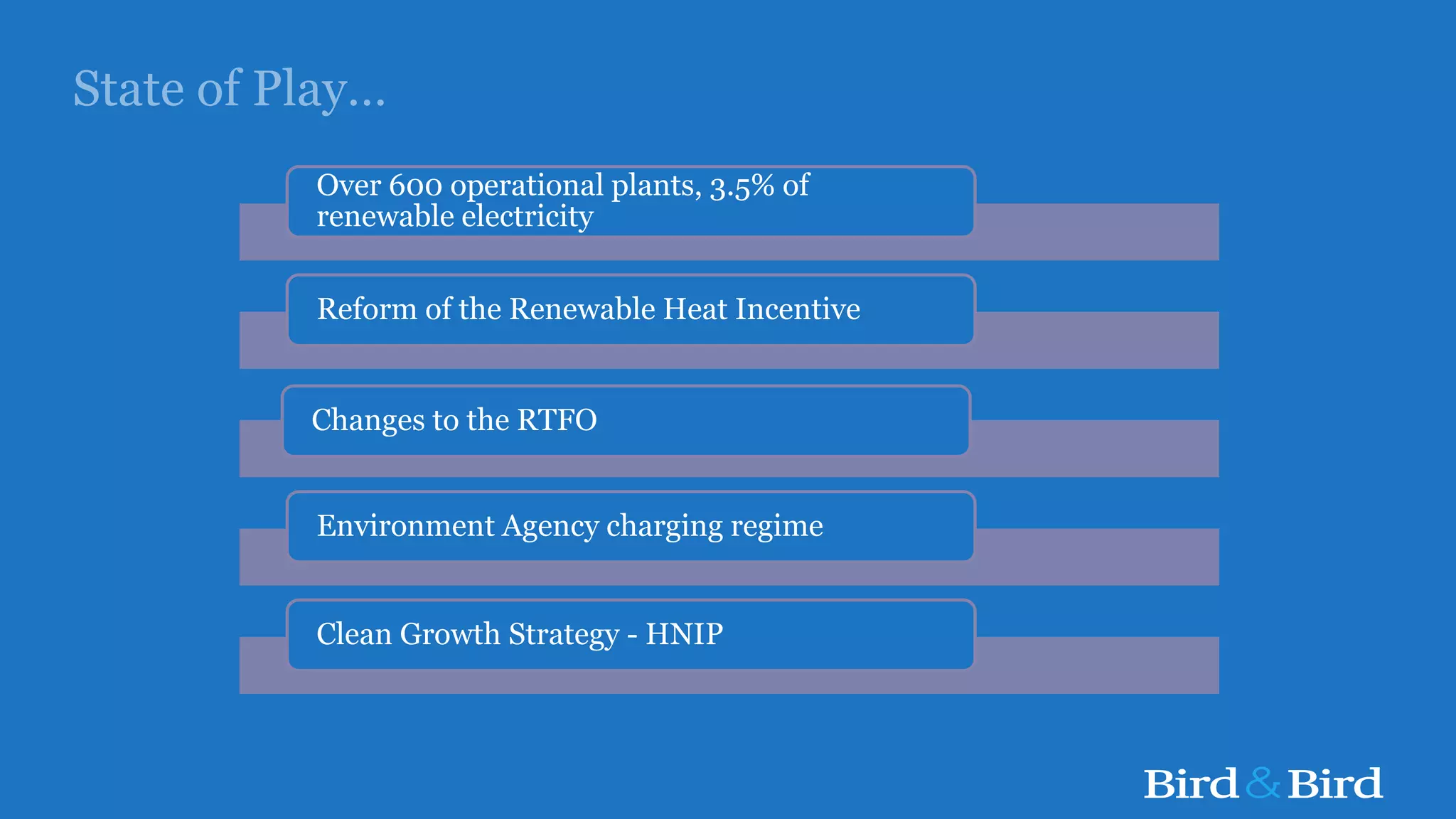 State of Play…
Over 600 operational plants, 3.5% of
renewable electricity
Reform of the Renewable Heat Incentive
Changes to the RTFO
Environment Agency charging regime
Clean Growth Strategy - HNIP
 
