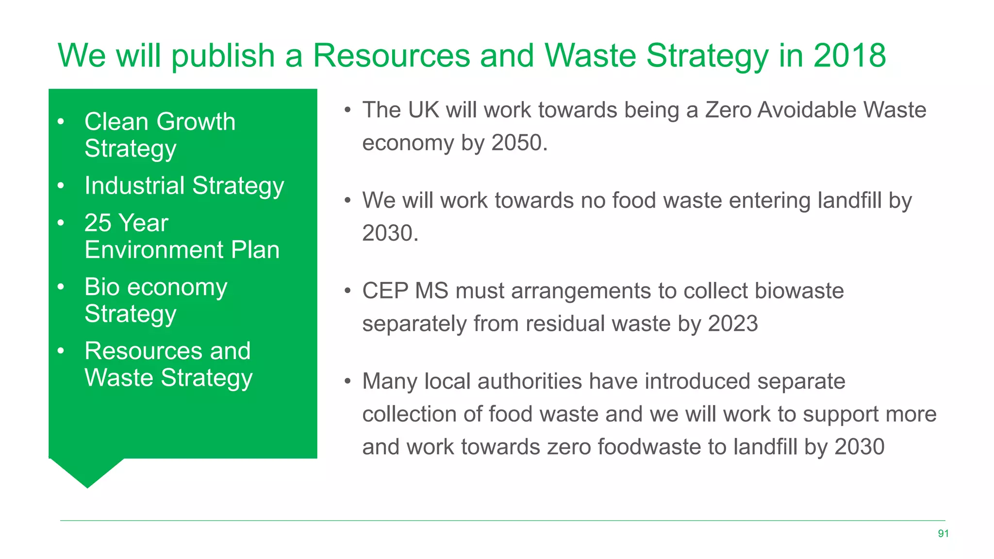• Clean Growth
Strategy
• Industrial Strategy
• 25 Year
Environment Plan
• Bio economy
Strategy
• Resources and
Waste Strategy
• The UK will work towards being a Zero Avoidable Waste
economy by 2050.
• We will work towards no food waste entering landfill by
2030.
• CEP MS must arrangements to collect biowaste
separately from residual waste by 2023
• Many local authorities have introduced separate
collection of food waste and we will work to support more
and work towards zero foodwaste to landfill by 2030
91
We will publish a Resources and Waste Strategy in 2018
 