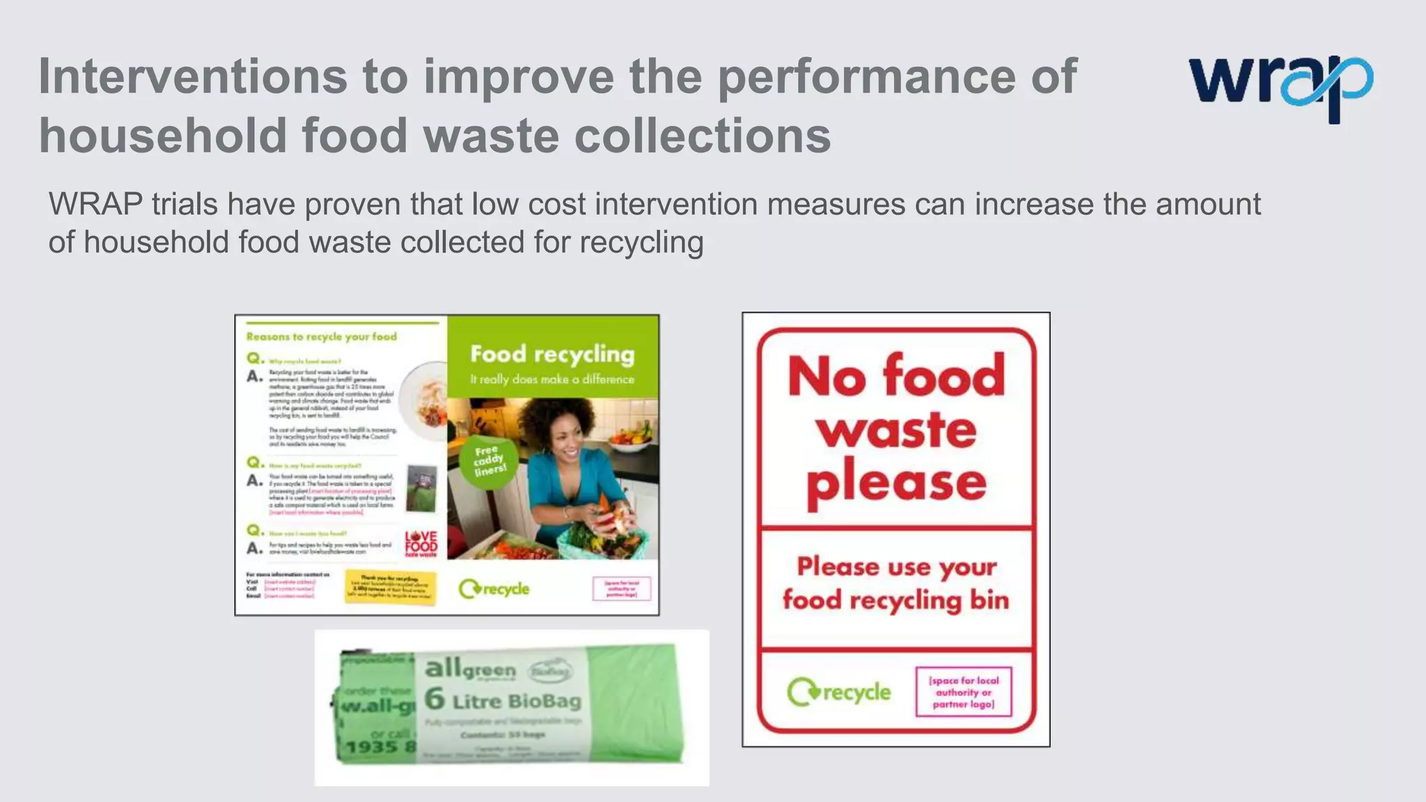 Interventions to improve the performance of
household food waste collections
WRAP trials have proven that low cost intervention measures can increase the amount
of household food waste collected for recycling
 