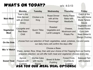 What’s on today?                                            w/c 4-3-13

                   Monday         Tuesday        Wednesday         Thursday    Friday
                 Toad in the                                                 Catch of the
                                                 Roast Dinner   Herby Pasta
                Hole Served     Chicken a la                                Day with Home
 Main Meal                                        with all the   Bake with
                with an Onion      King                                      Made Tartare
                                                  Trimmings!     Meatballs
                    Gravy                                                       Sauce
                                                                            Vegetable and
                                                   Roasted
                Courgette and                                     Cheese,    Sweet Potato
 Vegetarian                     Quorn Tikka     Vegetable and
                 Red Bean                                      Mushroom and   Curry with
   Meal                            Slice        Lentil Lasagne
                    Chilli                                       Potato Pie Naan Bread &
                                                                            Mango Chutney
                 choose from our selection of fresh vegetables, salad, potatoes, rice and pasta
On the Side
                                  our daily menu will confirm the days offer

                                                 Choose a Base;
Mix ‘n’ Match
                Pasta, Jacket, Rice, Wrap; then add your choice of Hot Topping from our freshly
                 prepared selection; we will offer both meat and vegetarian choices every day

                   Apricot      Marble Cake                       Forest Fruits   Bakewell Tart
                                                Bread & Butter
Sweet Treat     Flapjack with   with Vanilla                       Crumble &      with Custard
                                                   Pudding
                   Custard        Sauce                             Custard
                ASK FOR OUR MEAL DEAL OPTIONS£
 