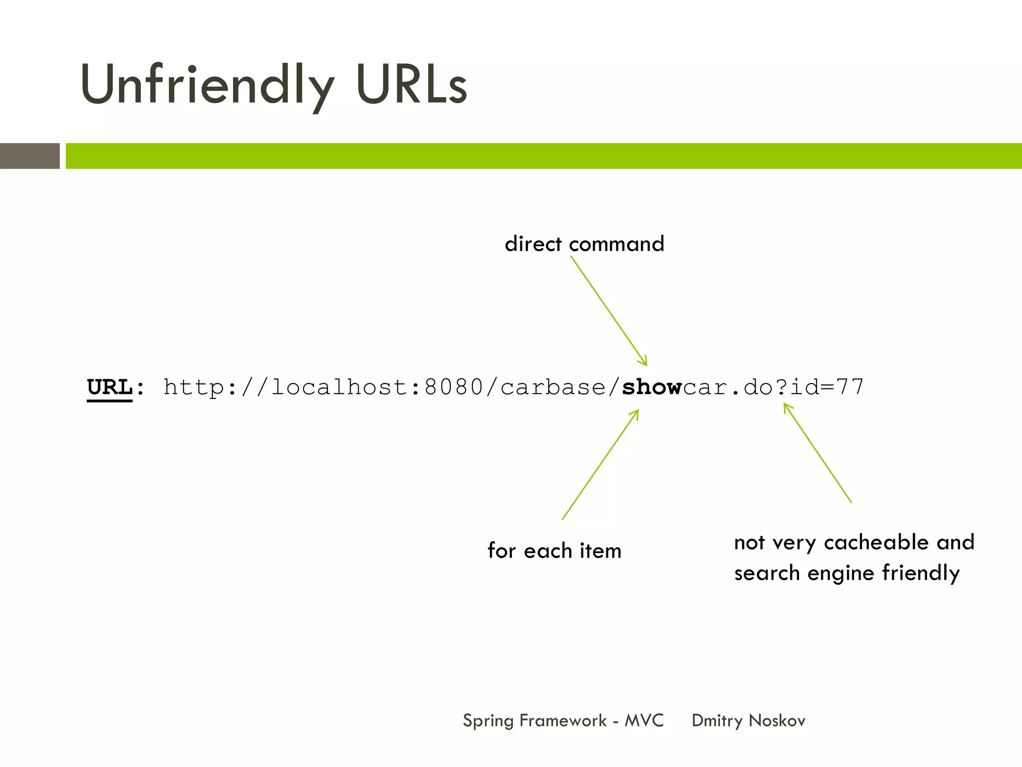 Unfriendly URLs

                            direct command




URL: http://localhost:8080/carbase/showcar.do?id=77




                          for each item              not very cacheable and
                                                     search engine friendly




                        Spring Framework - MVC   Dmitry Noskov
 