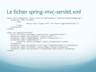 Le fichier spring-mvc-servlet.xml 
<bean id="urlMapping” class="org.springframework.SimpleUrlHandlerMapping"> 
<property name="urlMap"> 
<map> 
<entry key="/login.htm” ref bean=”loginController"/> 
</map> 
</property> 
</bean> 
<bean id="loginController" 
class=”fr.daveo.springmvc.controllers.LoginController"> 
<property name="sessionForm” value=“true” /> 
<property name="commandName” value=“credentials” /> 
<property name="commandClass"> 
<value>fr.daveo.springmvc.model.Credentials</value> 
</property> 
<property name="validator"><ref bean="logonValidator"/></property> 
<property name="formView"><value>logon</value></property> 
<property name="successView"><value>home.htm</value></property> 
</bean> 
 