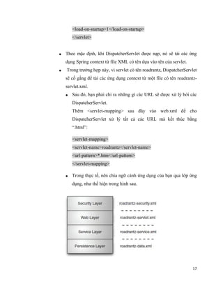17
<load-on-startup>1</load-on-startup>
</servlet>
 Theo mặc định, khi DispatcherServlet được nạp, nó sẽ tải các ứng
dụng Spring context từ file XML có tên dựa vào tên của servlet.
 Trong trường hợp này, vì servlet có tên roadrantz, DispatcherServlet
sẽ cố gắng để tải các ứng dụng context từ một file có tên roadrantz-
servlet.xml.
 Sau đó, bạn phải chỉ ra những gì các URL sẽ được xử lý bởi các
DispatcherServlet.
Thêm <servlet-mapping> sau đây vào web.xml để cho
DispatcherServlet xử lý tất cả các URL mà kết thúc bằng
“.html”:
<servlet-mapping>
<servlet-name>roadrantz</servlet-name>
<url-pattern>*.htm</url-pattern>
</servlet-mapping>
 Trong thực tế, nên chia ngữ cảnh ứng dụng của bạn qua lớp ứng
dụng, như thể hiện trong hình sau.
 