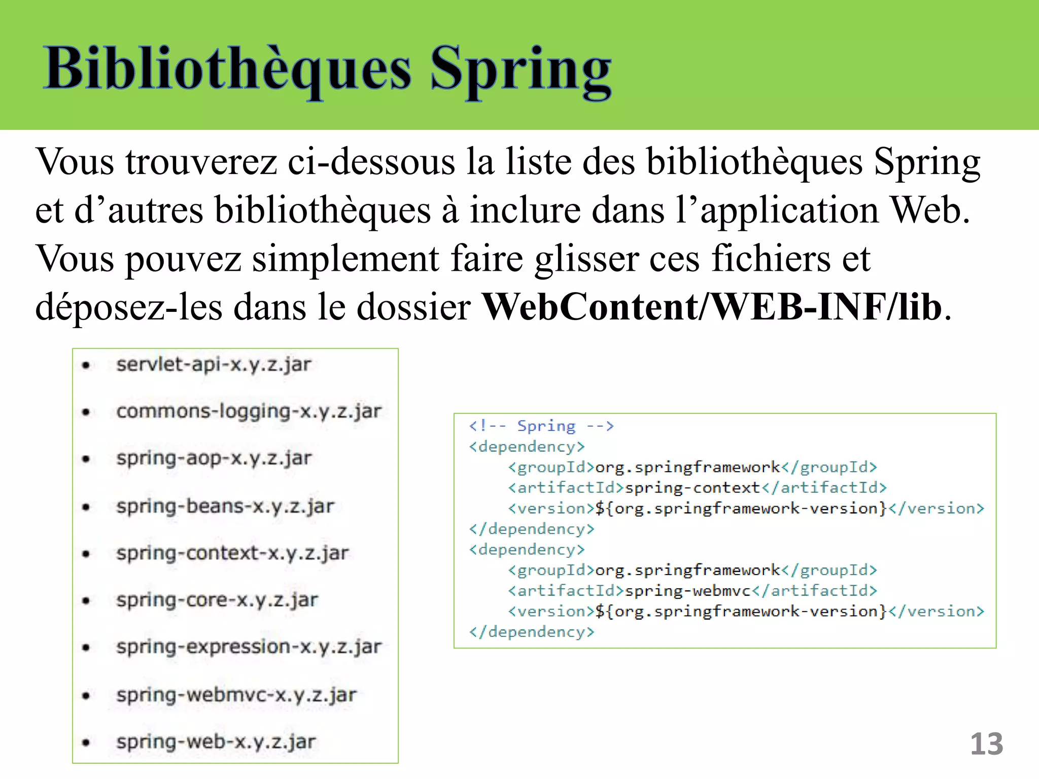 13
Vous trouverez ci-dessous la liste des bibliothèques Spring
et d’autres bibliothèques à inclure dans l’application Web.
Vous pouvez simplement faire glisser ces fichiers et
déposez-les dans le dossier WebContent/WEB-INF/lib.
 
