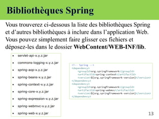 13
Vous trouverez ci-dessous la liste des bibliothèques Spring
et d’autres bibliothèques à inclure dans l’application Web.
Vous pouvez simplement faire glisser ces fichiers et
déposez-les dans le dossier WebContent/WEB-INF/lib.
 