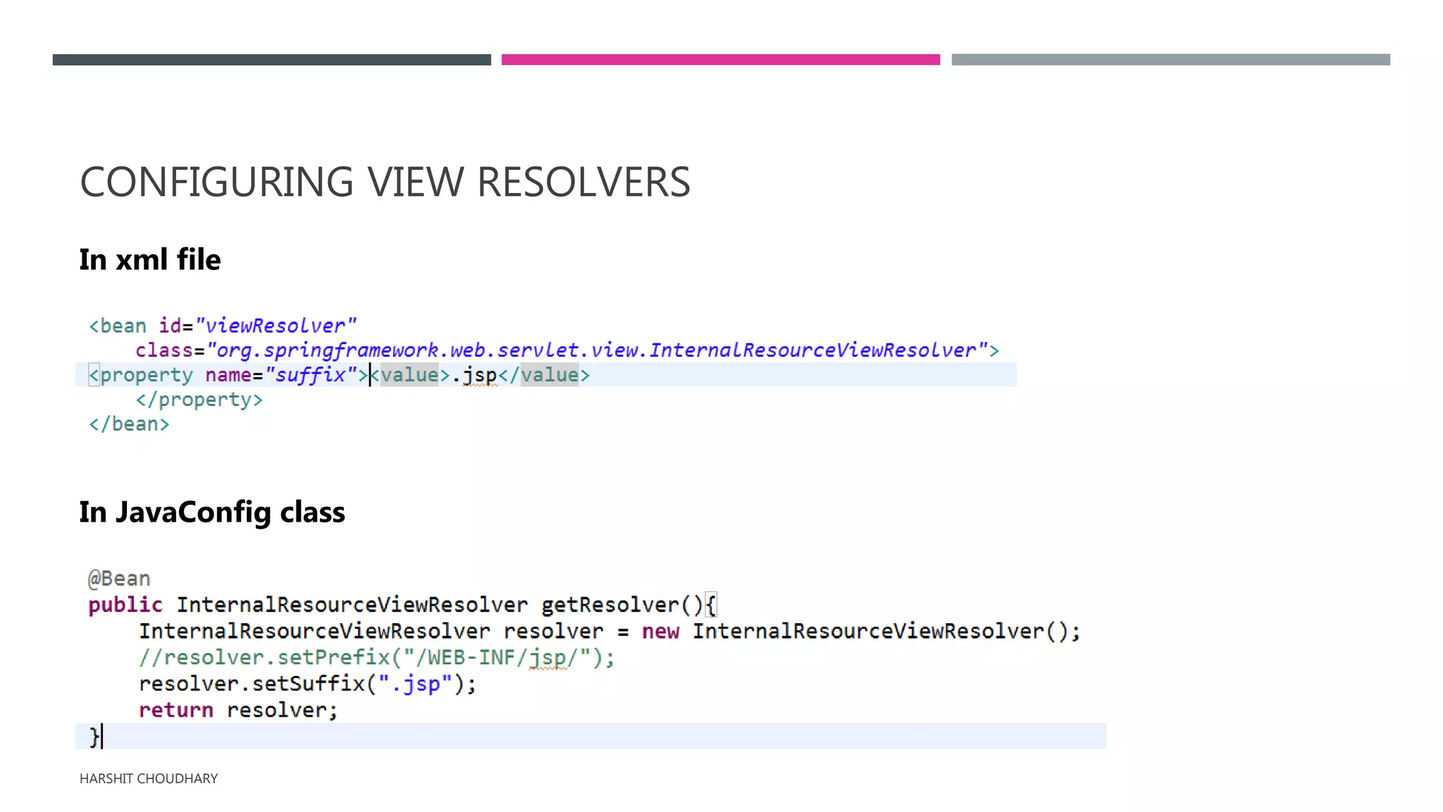 CONFIGURING VIEW RESOLVERS
HARSHIT CHOUDHARY
In JavaConfig class
In xml file
 