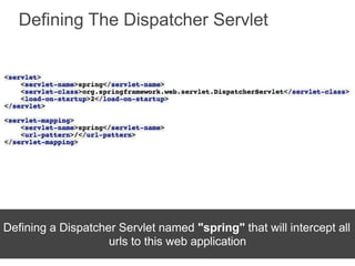 Defining The Dispatcher Servlet
Defining a Dispatcher Servlet named "spring" that will intercept all
urls to this web application
 