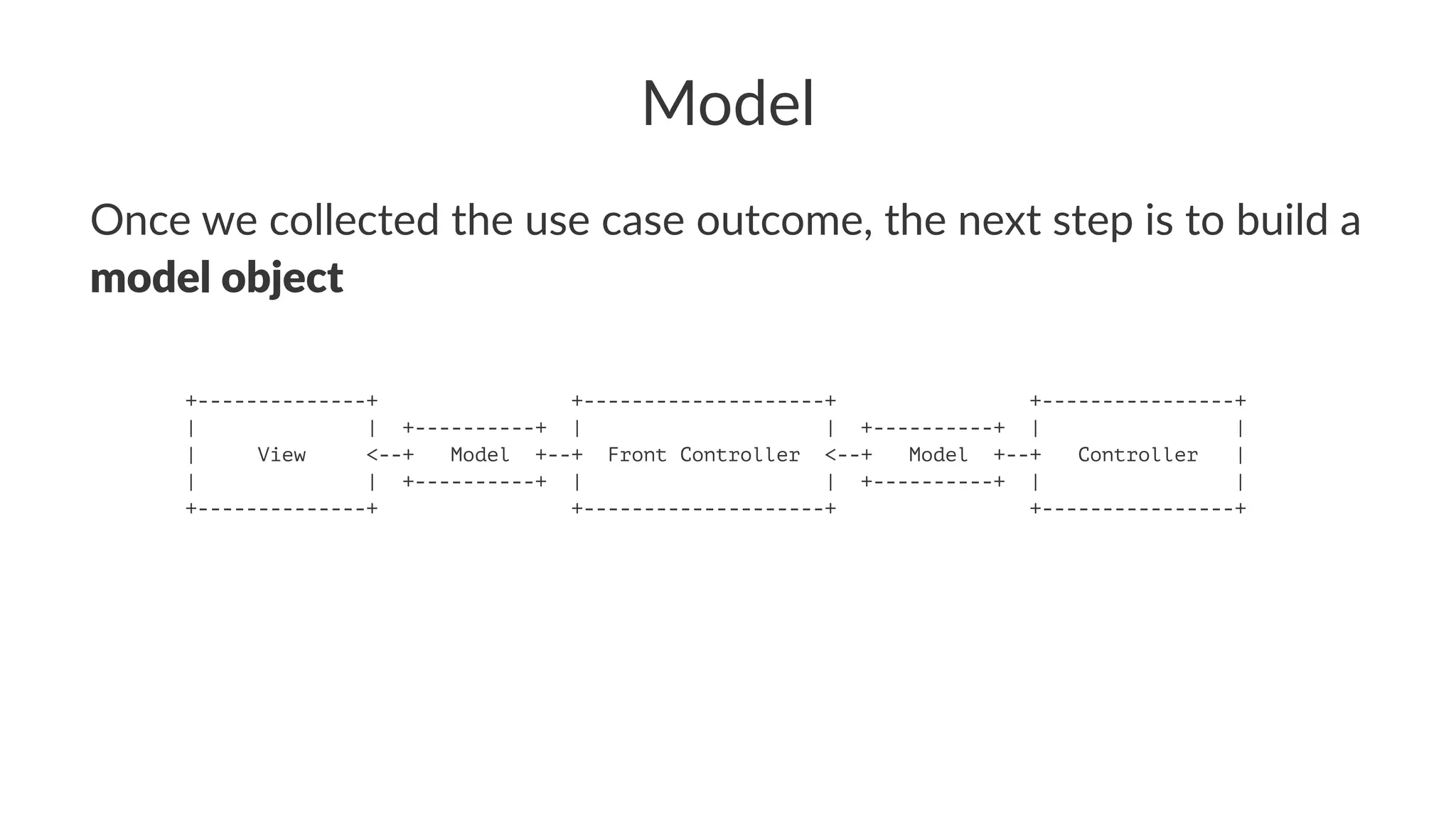 Model
Once we collected the use case outcome, the next step is to build a
model object
+--------------+ +--------------------+ +----------------+
| | +----------+ | | +----------+ | |
| View <--+ Model +--+ Front Controller <--+ Model +--+ Controller |
| | +----------+ | | +----------+ | |
+--------------+ +--------------------+ +----------------+
 