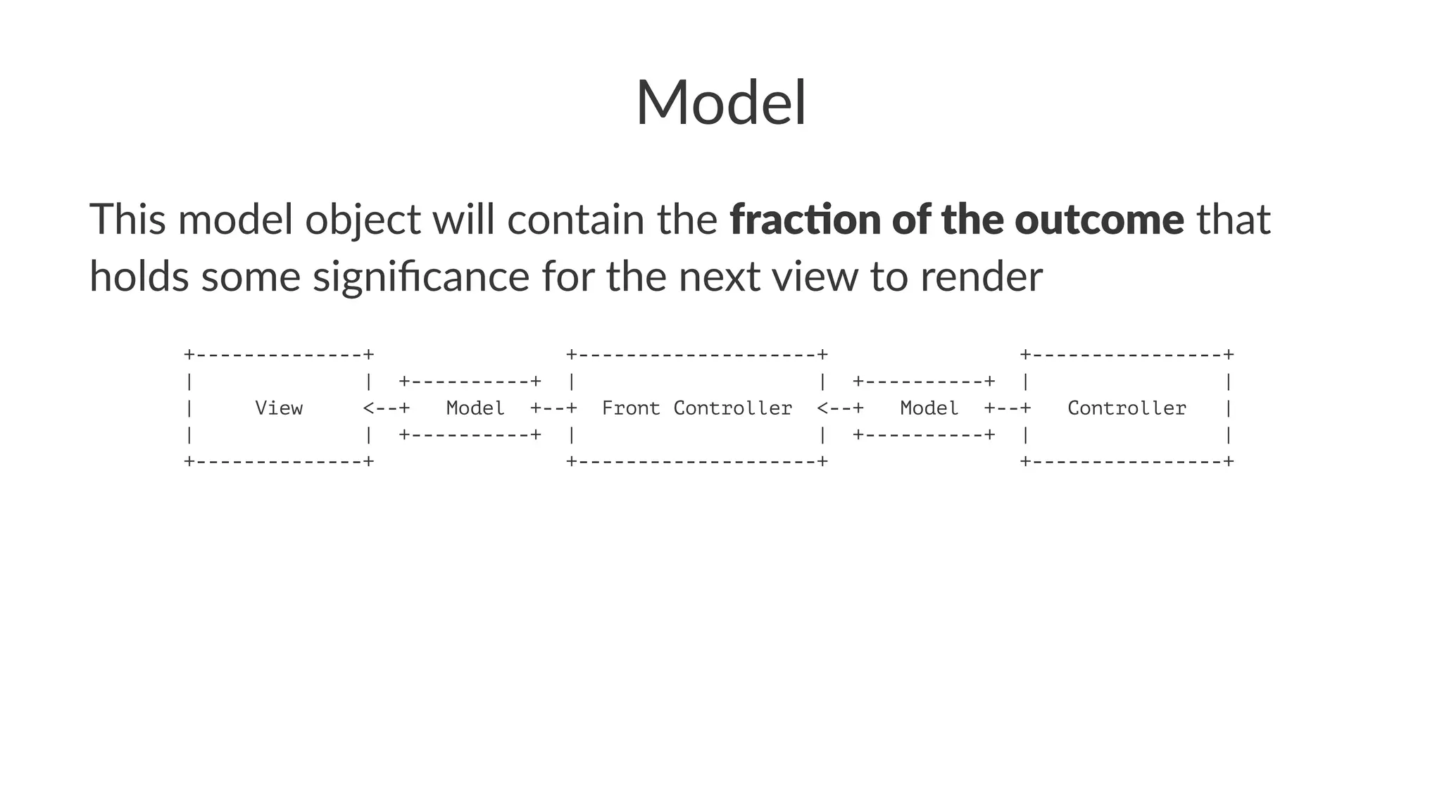 Model
This model object will contain the frac%on of the outcome that
holds some signiﬁcance for the next view to render
+--------------+ +--------------------+ +----------------+
| | +----------+ | | +----------+ | |
| View <--+ Model +--+ Front Controller <--+ Model +--+ Controller |
| | +----------+ | | +----------+ | |
+--------------+ +--------------------+ +----------------+
 