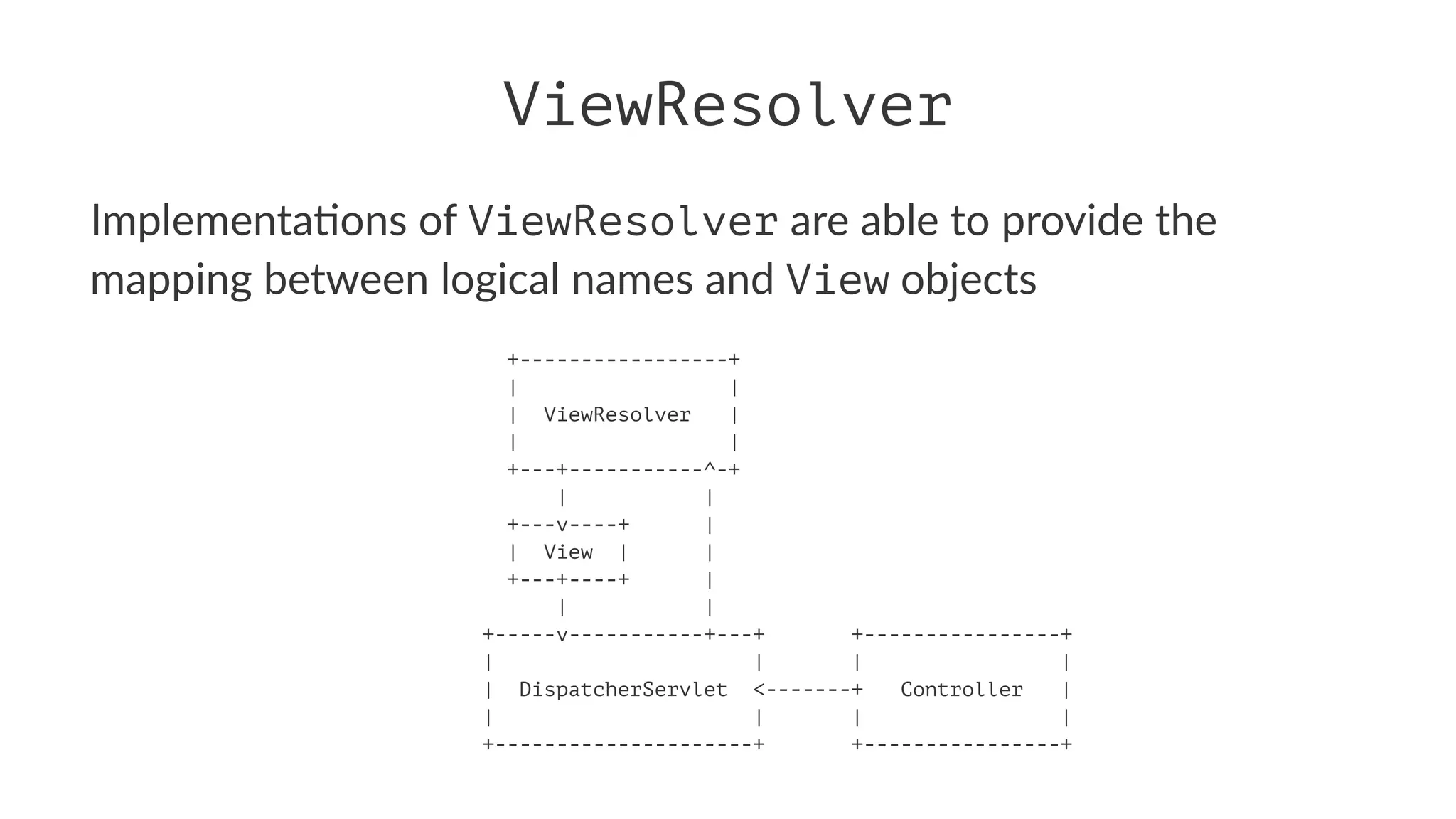 ViewResolver
Implementa)ons of ViewResolver are able to provide the
mapping between logical names and View objects
+-----------------+
| |
| ViewResolver |
| |
+---+-----------^-+
| |
+---v----+ |
| View | |
+---+----+ |
| |
+-----v-----------+---+ +----------------+
| | | |
| DispatcherServlet <-------+ Controller |
| | | |
+---------------------+ +----------------+
 